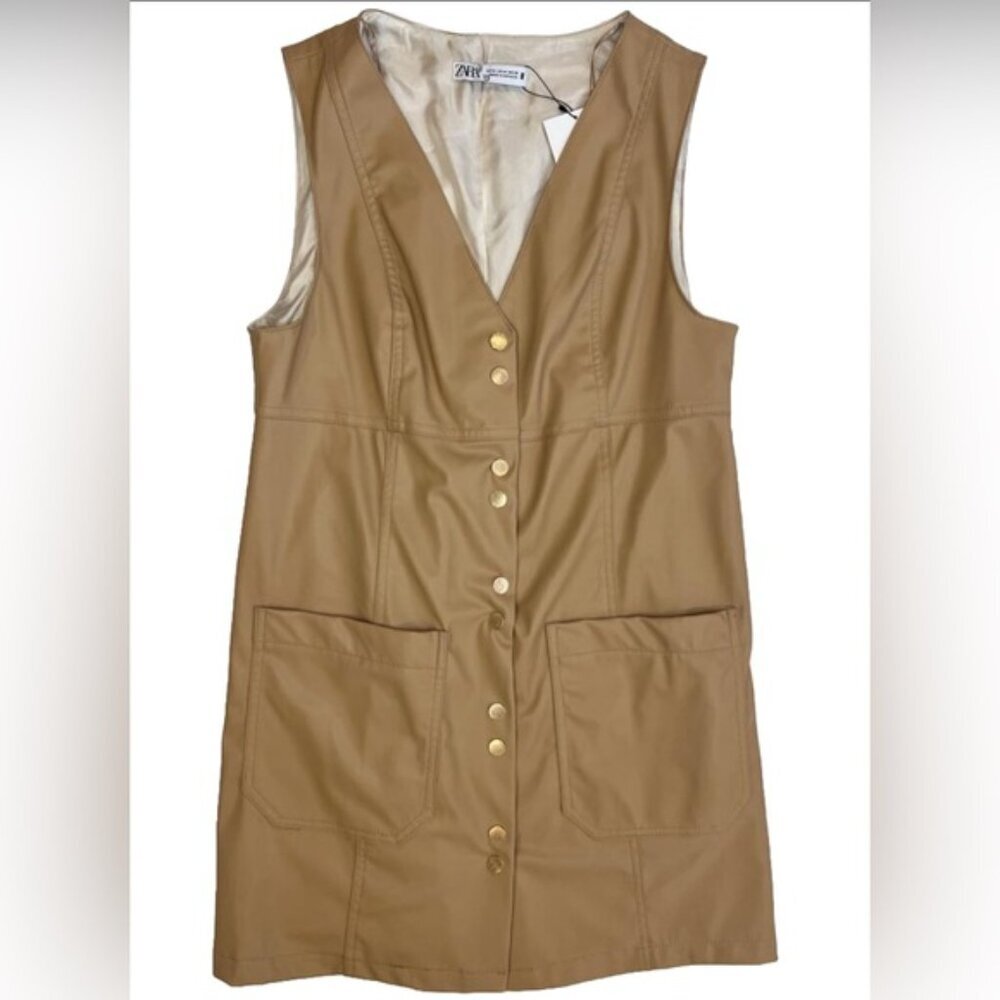 NWT ZARA Faux Leather Snap Closure Mini Pinafore Dress with Pockets Size M